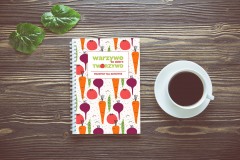 Bouquet of flower and empty diary notebook and a cup of coffee on rustic wooden table with copy space, mockup template with flower and note, top view, vintage retro style.